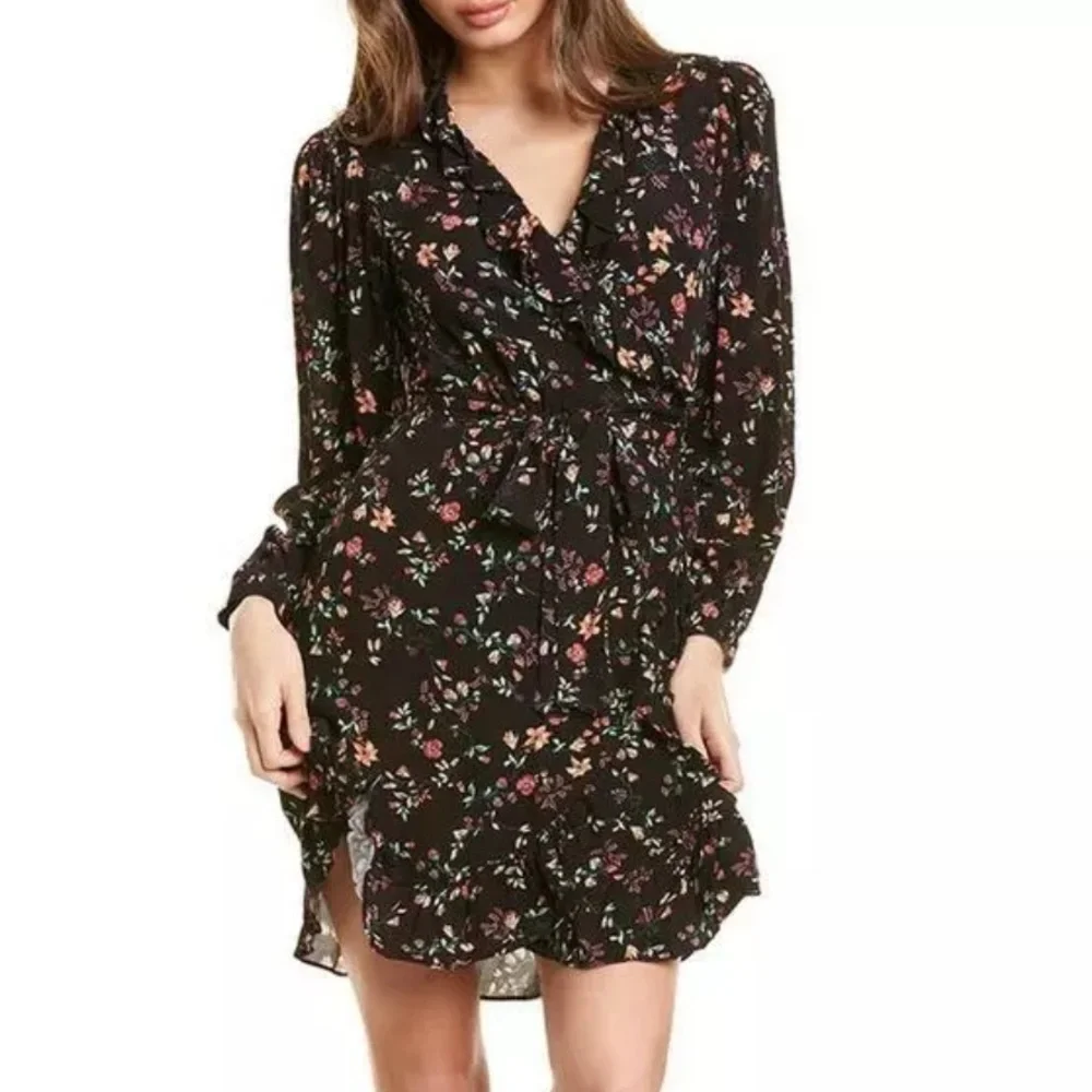 Maje Rosalio Wrap Dress Black Floral Multi Ruffle V-Neck Long Sleeve Size Small